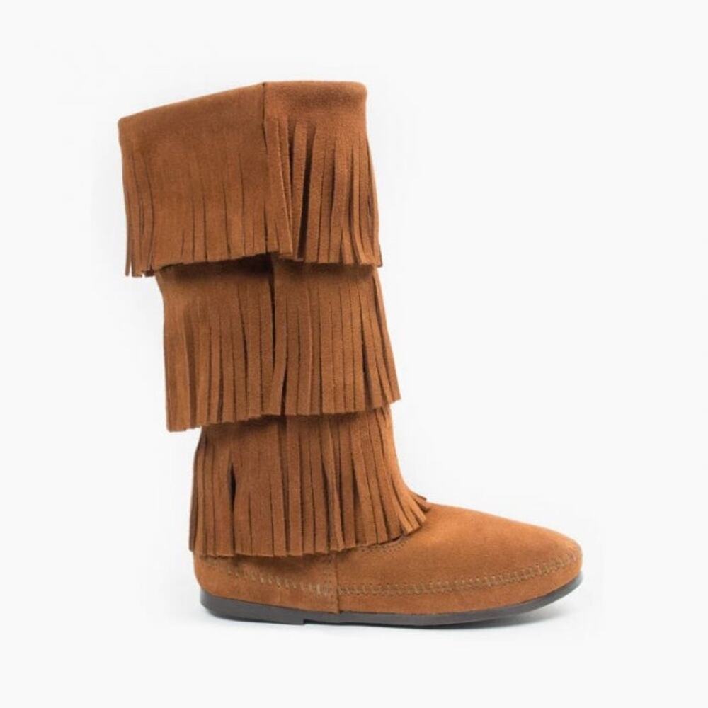 Minnetonka Layer Fringe Boot Brown Suede Boho Hippie Western Tall